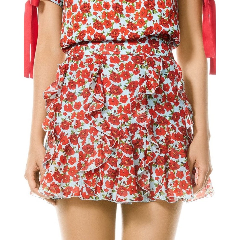 Alice + Olivia Red Floral Ruffle Mini Skirt Silk Cotton Blue Poppy Size 6